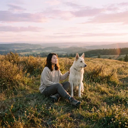 Woman With White Shepherd At Sunset
