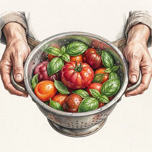 Colored Pencil Drawing of Tomatoes and Basil