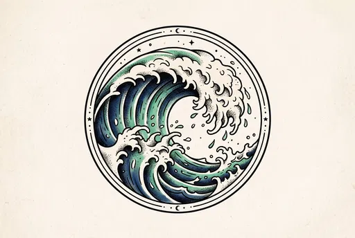Traditional Tattoo Style Circular Ocean Wave