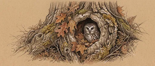 Owl in Hollow Tree Trunk Drawing
