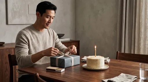 Man Opening Birthday Gift Beside Cake