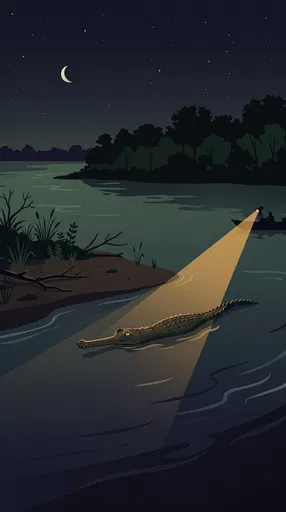 Gharial Illuminated by Boat Spotlight at Night
