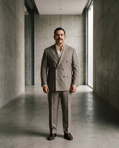 Man in Taupe Suit in Concrete Hallway