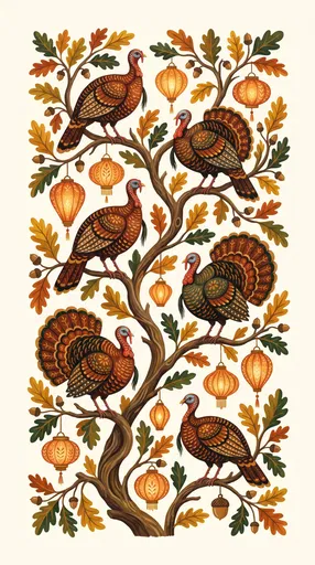 Folk Art Turkeys on Autumn Oak Branches