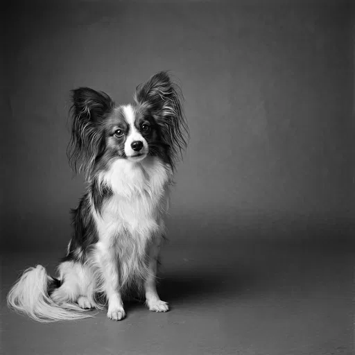Monochrome Studio Portrait of Seated Papillon Dog