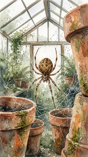 Watercolor Spider in Greenhouse Cobweb
