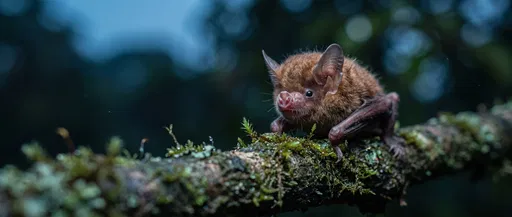 Tiny Brown Bat on Mossy Branch