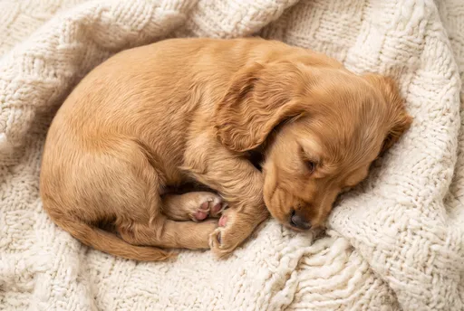 Golden Puppy Sleeping on Cream Knit Blanket