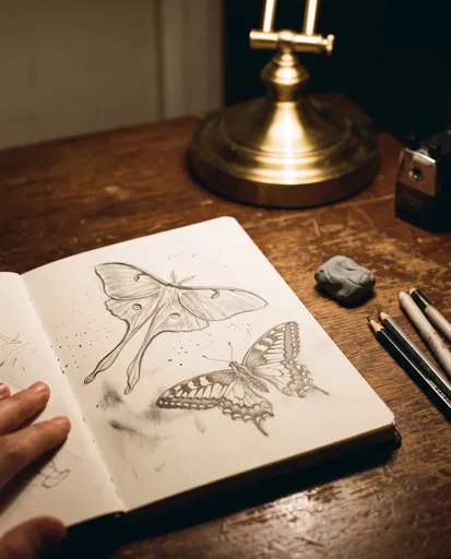 Graphite Sketch of Moth and Butterfly