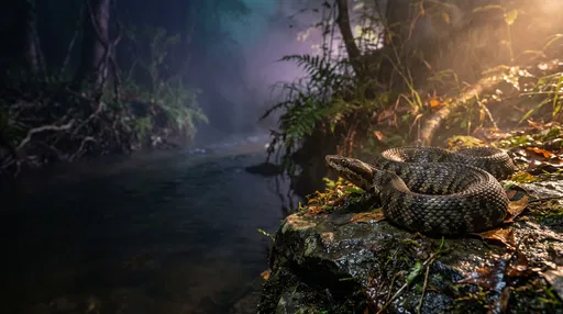 Cottonmouth Snake on Wet Ledge at Night