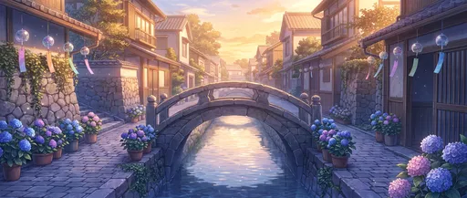 Anime Canal Bridge at Golden Hour
