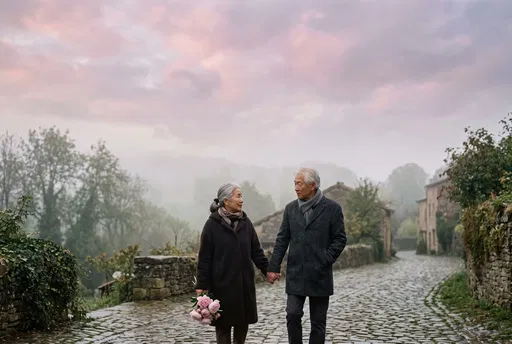 Elderly Couple Walking on Misty Cobblestone Path