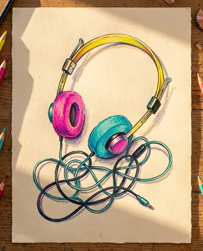 Colored Pencil Drawing of Retro Headphones