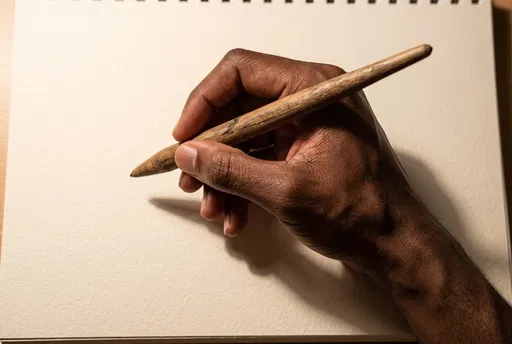 Hand Holding Wooden Stylus Over Sketchbook