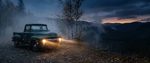 Vintage Green Truck on Misty Mountain Overlook