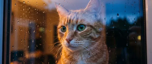 Ginger Cat Looking Through Rainy Window