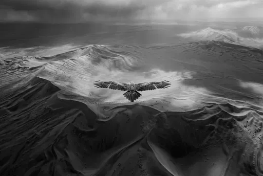 Monochrome Eagle Soaring Over Desert Dunes