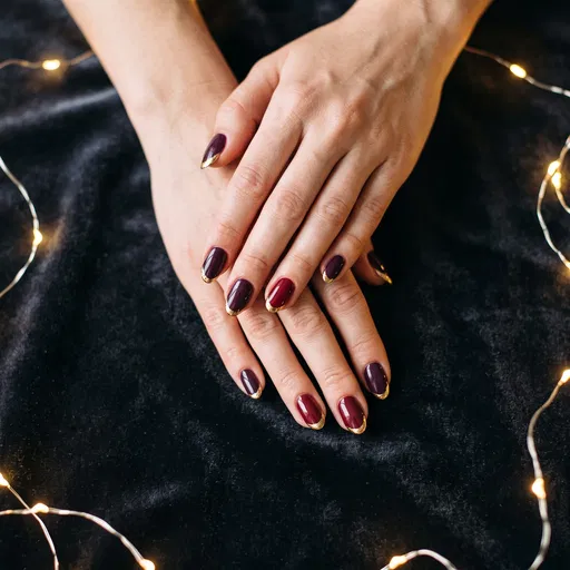 Woman's Hands With Plum Gold Manicure