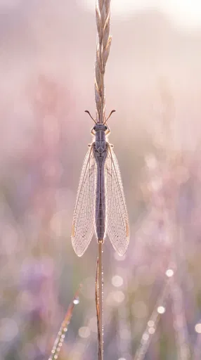 Backlit Antlion on Grass Stem at Dawn