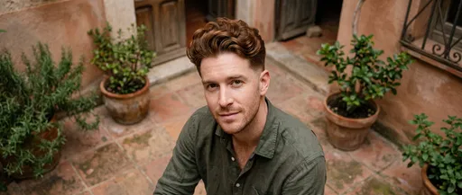 Man With Auburn Quiff in Courtyard
