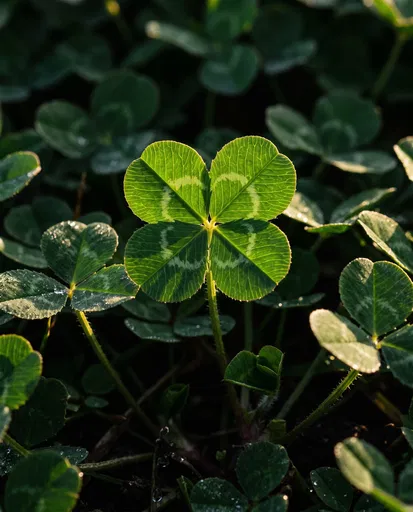 Sunlit Four-Leaf Clover in Patch