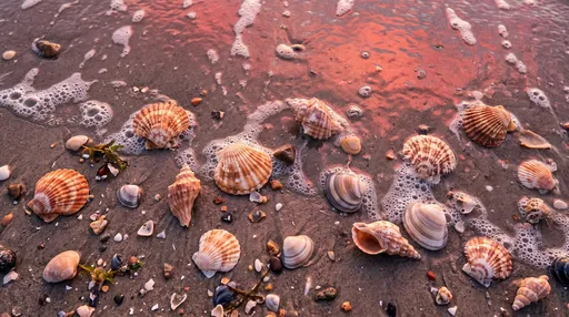 Assorted Seashells on Sunset Shoreline