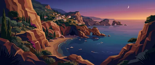 Mediterranean Cliffside Beach at Dusk Illustration