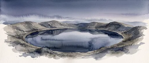 Watercolor Illustration of Tranquil Crater Lake