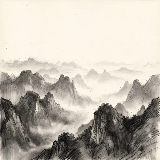 Charcoal Drawing of Misty Karst Mountains