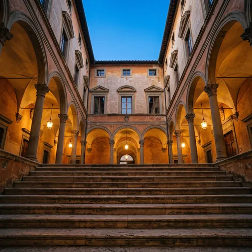 Illuminated Italian Renaissance Palazzo Courtyard at Twilight