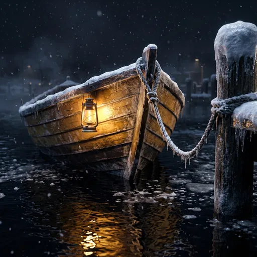 Lantern Lit Wooden Boat in Winter Harbor
