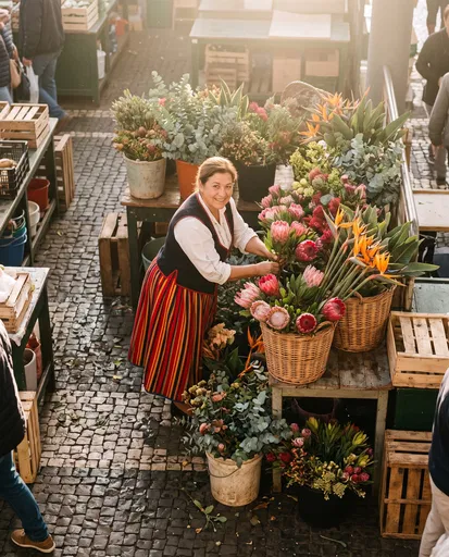 Madeiran Flower Vendor at Market Stall