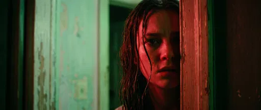 Woman Peeking Through Red-Lit Doorway