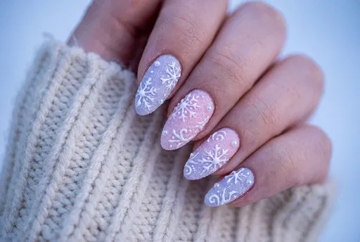 Pastel Winter Snowflake Manicure Close-Up