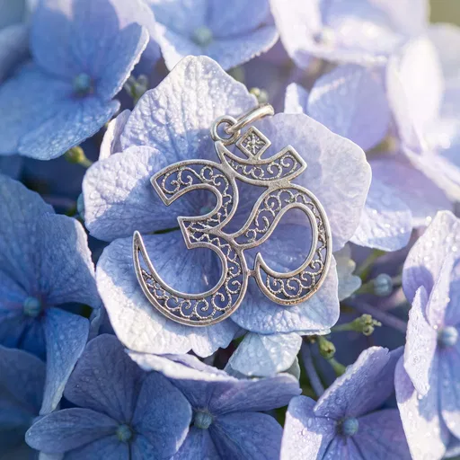 Silver Filigree Om Charm on Hydrangeas