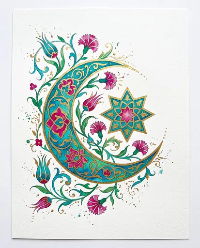 Watercolor Islamic Crescent Moon and Floral Star