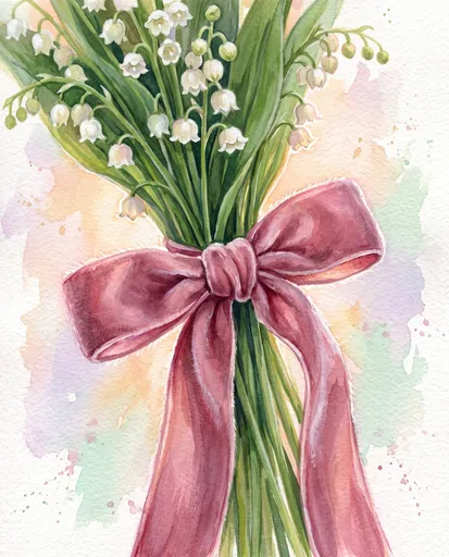 Watercolor Lily of the Valley with Pink Bow