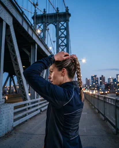 Female Runner Adjusting Braid on Urban Bridge