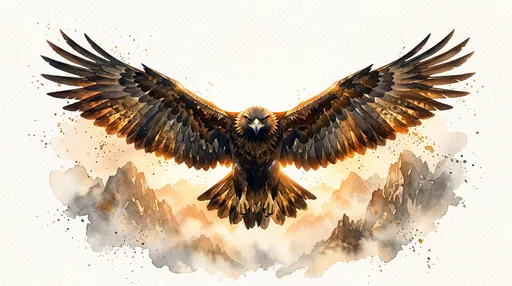 Watercolor Golden Eagle Soaring Over Mountains