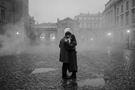 Couple Embracing in Misty Cobblestone Courtyard