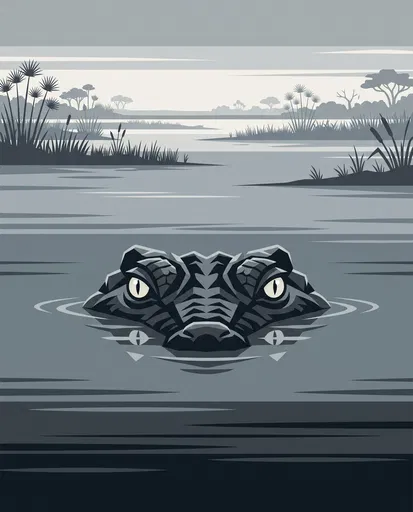 Monochrome Vector Crocodile in Wetland Water