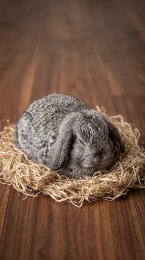 Sleeping Gray Lop Rabbit in Nest