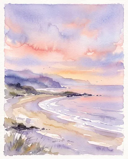 Pastel Watercolor Coastal Sunset Landscape