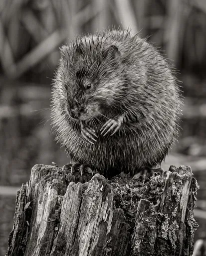 Monochrome Muskrat Grooming on Weathered Stump