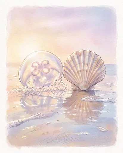 Watercolor Moon Jellyfish and Scallop Shell