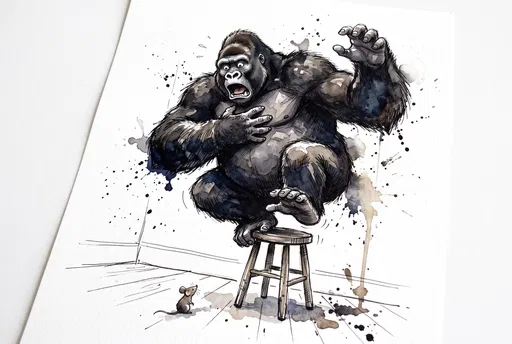 Startled Gorilla on Stool with Mouse