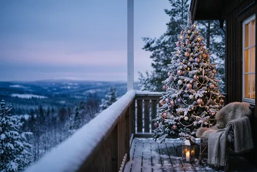 Decorated Christmas Tree on Snowy Veranda