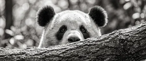 Monochrome Panda Peeking Over Tree Branch