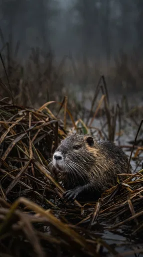 Nutria in Misty Autumn Reeds
