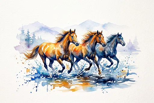 Watercolor Illustration of Three Running Horses